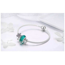 Green Murano Beads Pink Flower Charm & Bracelet