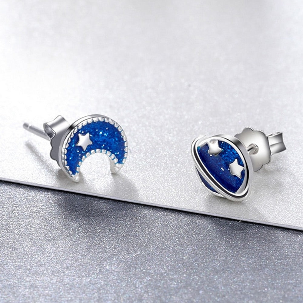 Blue Moon & Star Galaxy Stud Earrings