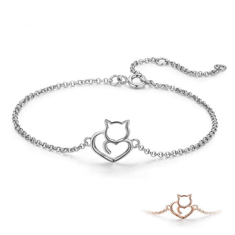 Cat And Heart Link Chain Bracelet