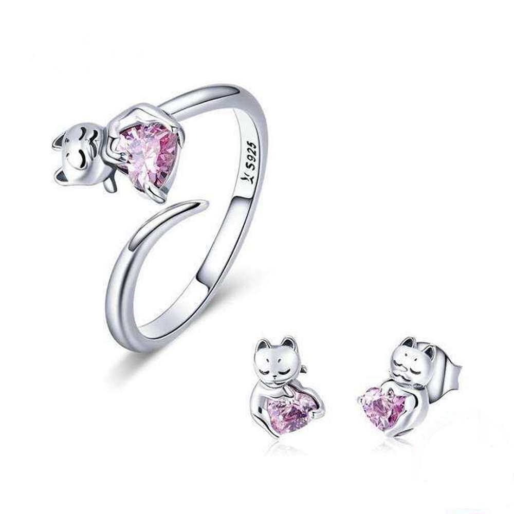 Cute Cat  Rings & Earrings Jewelry Sets