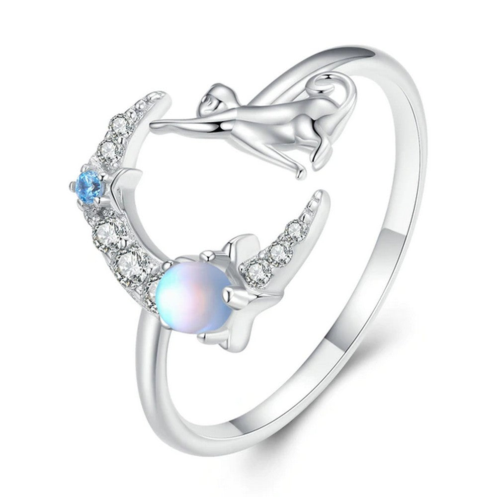 Lovely Moon Cat Moonstone Open Rings