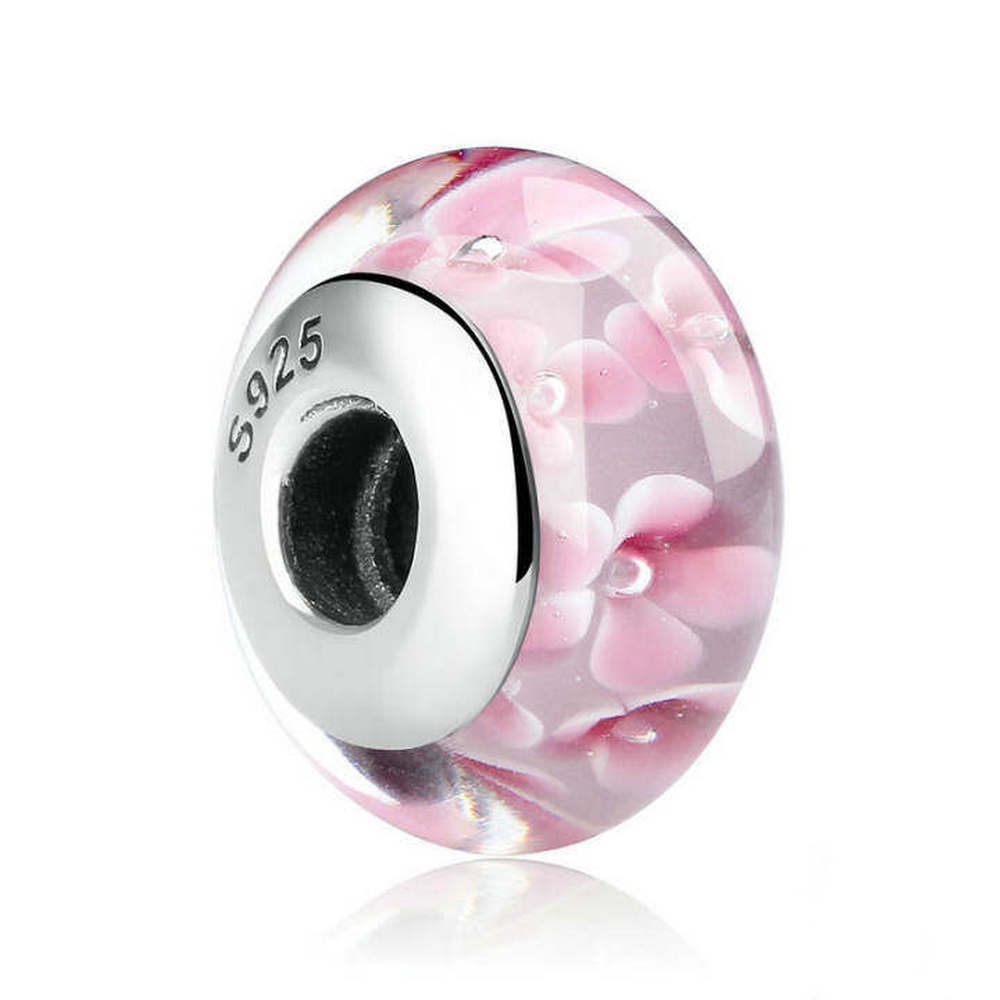 Lovely Pink Flower Pattern Murano Glass Beads Charms