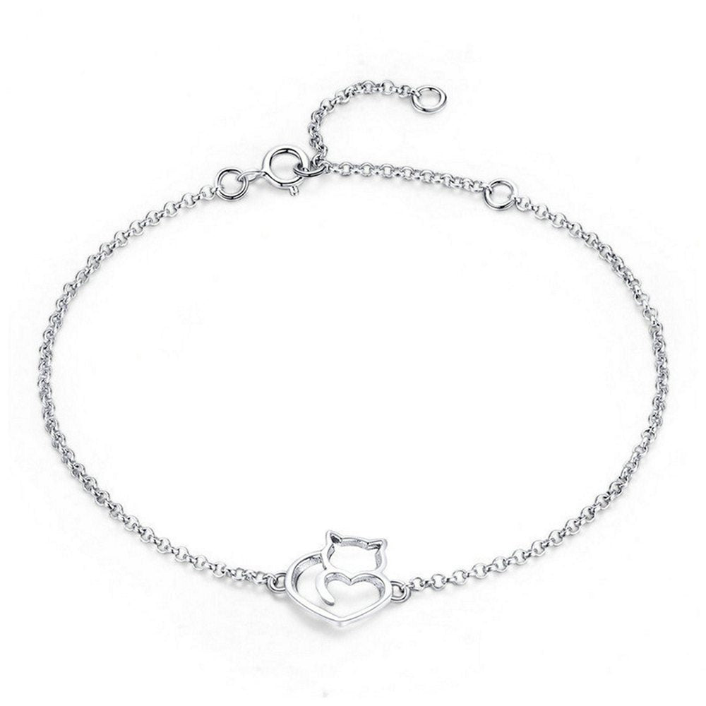 Cat And Heart Link Chain Bracelet