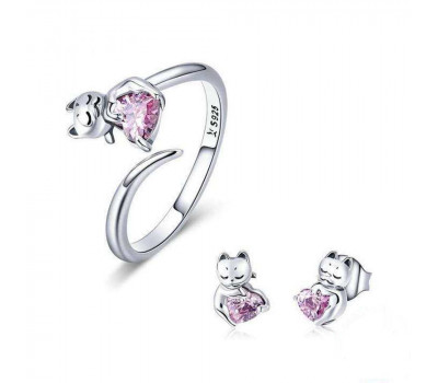 Cute Cat  Rings & Earrings Jewelry Sets