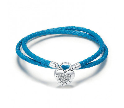 Blue leather bracelet Heart with lock