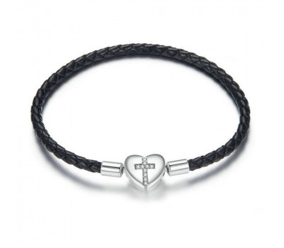  Black Cross Leather Bracelet 925 Sterling Silver