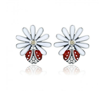 Red ladybird earrings with chrysanthemum
